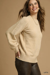 Umgee Textured Long Sleeve Sweater with Ribbed Trim OutfitFlow